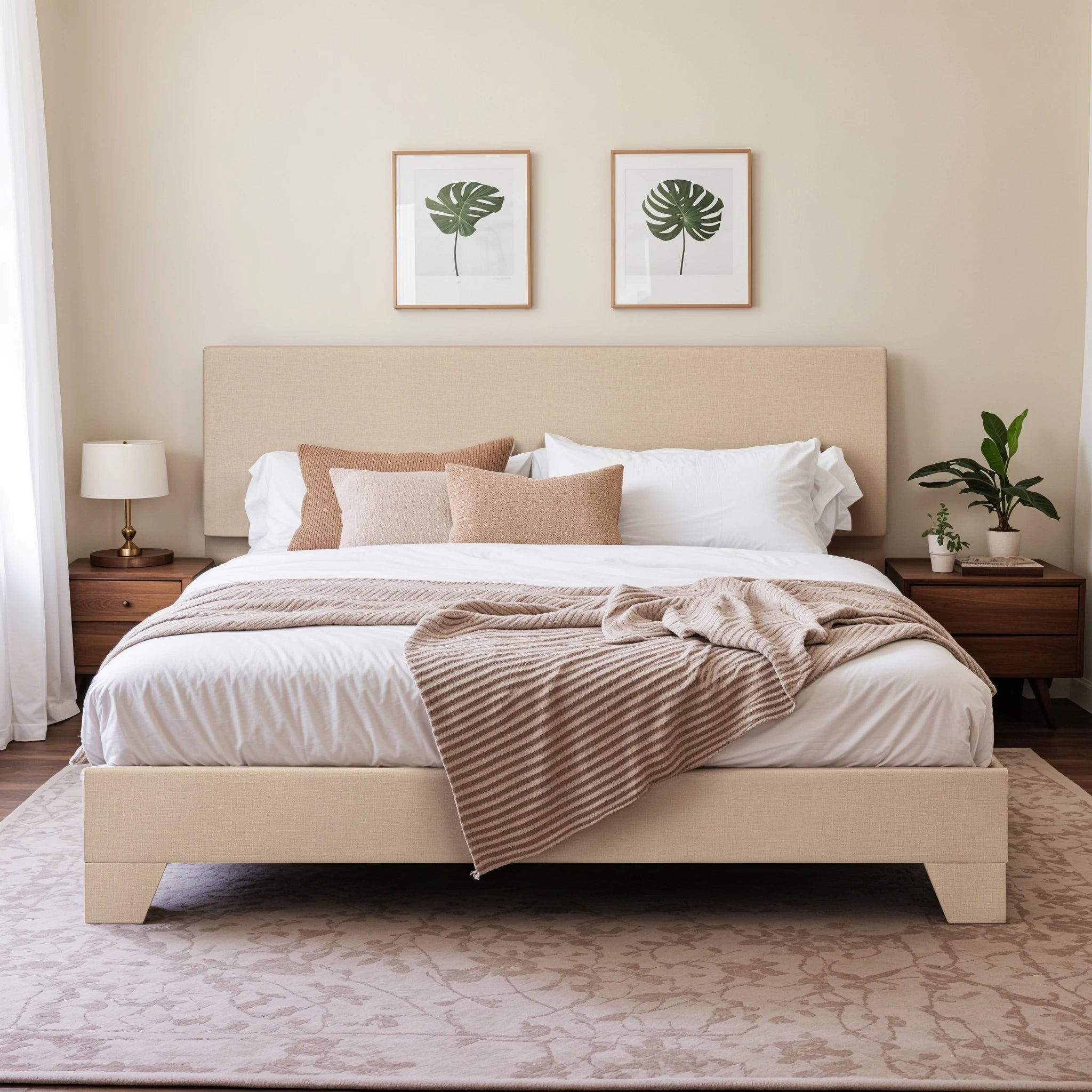 Bed Frame with Adjustable Headboard, Soft Linen Fabric, Strong Supporting Structure
