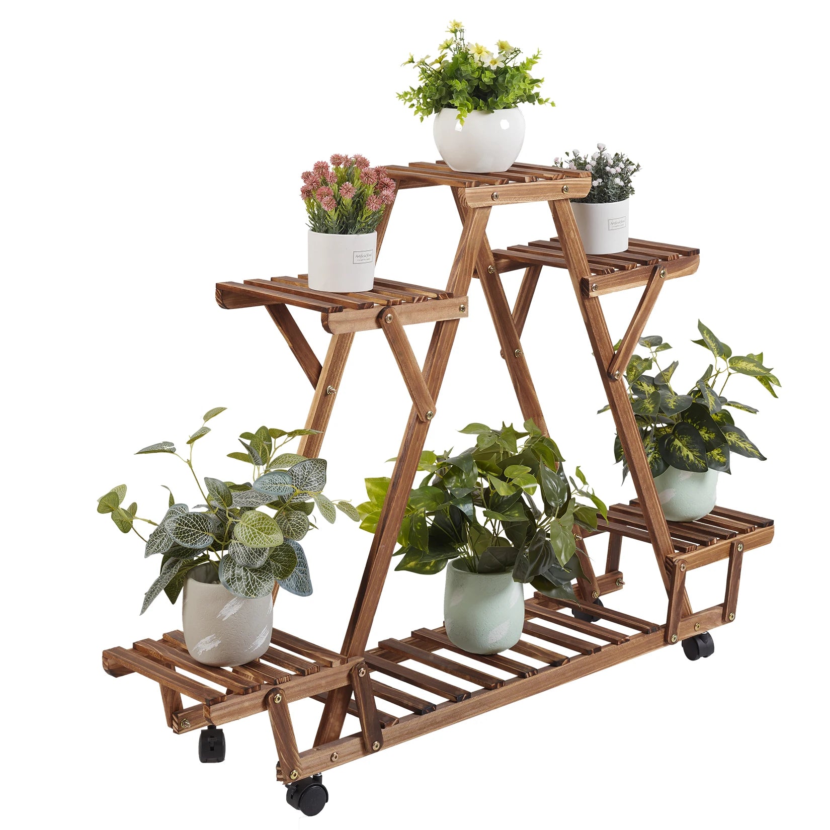 Triangular 6-Pot Wooden Plant Stand with Wheels