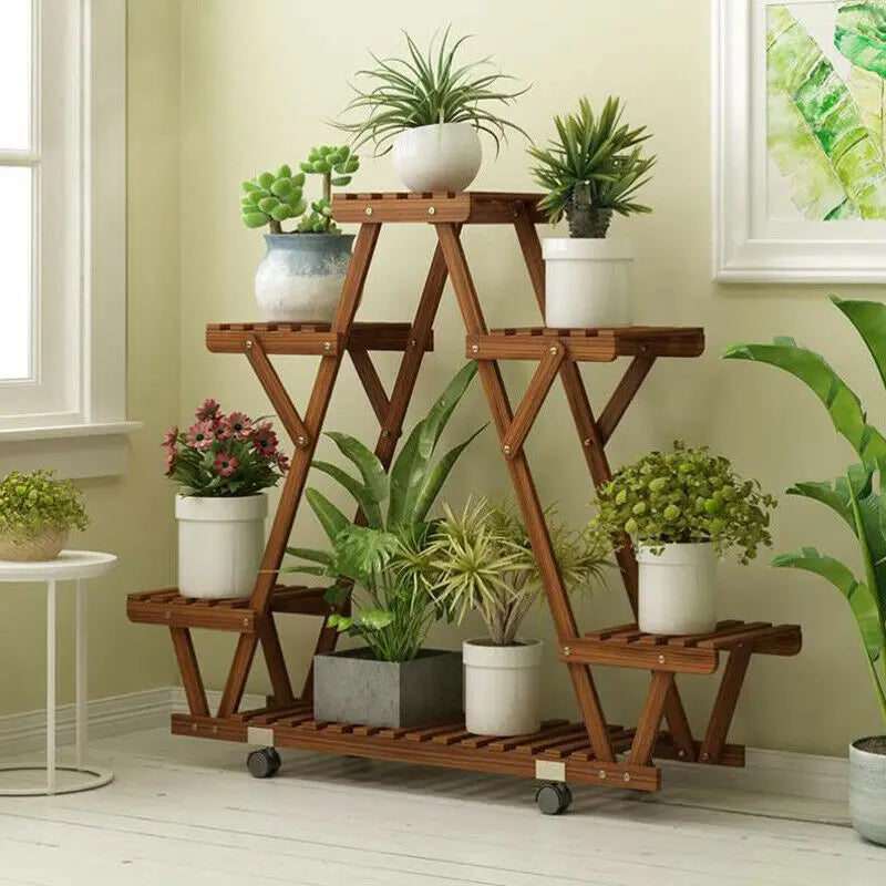 Triangular 6-Pot Wooden Plant Stand with Wheels