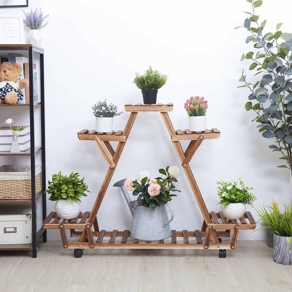 Triangular 6-Pot Wooden Plant Stand with Wheels