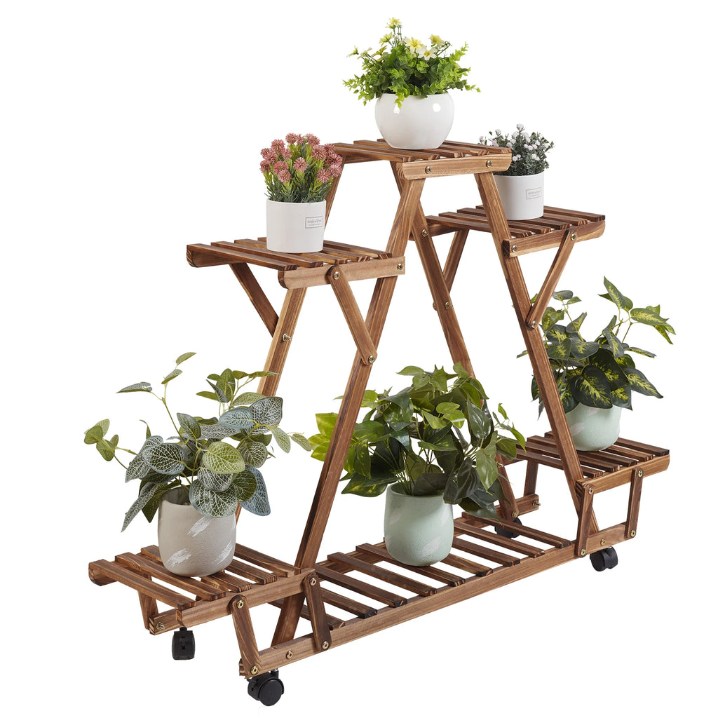 Triangular 6-Pot Wooden Plant Stand with Wheels