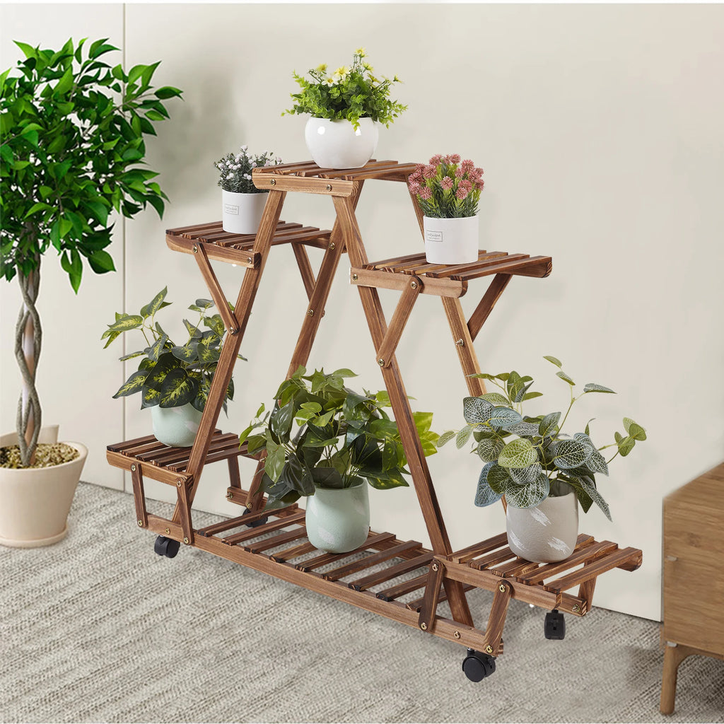 Triangular 6-Pot Wooden Plant Stand with Wheels