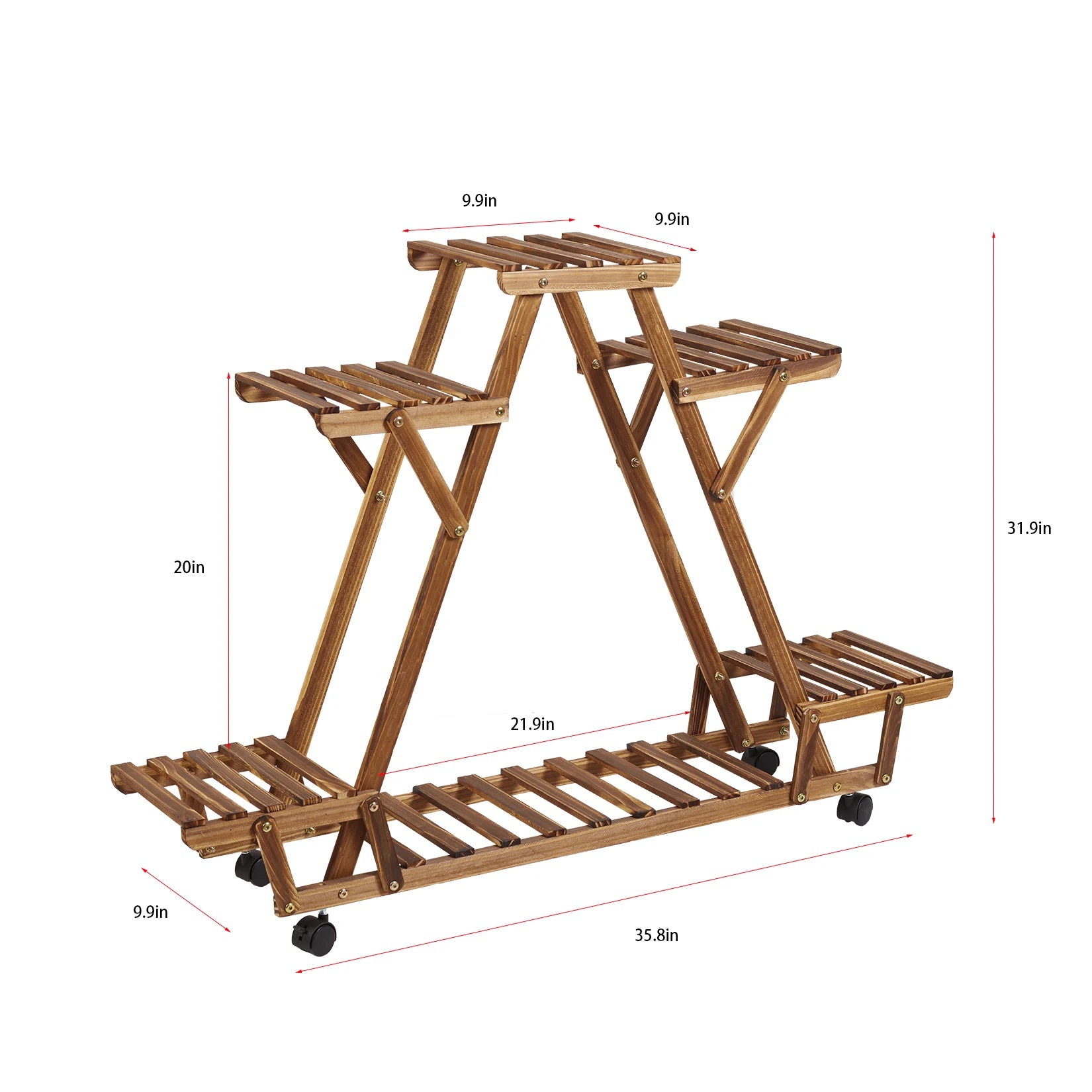 Triangular 6-Pot Wooden Plant Stand with Wheels