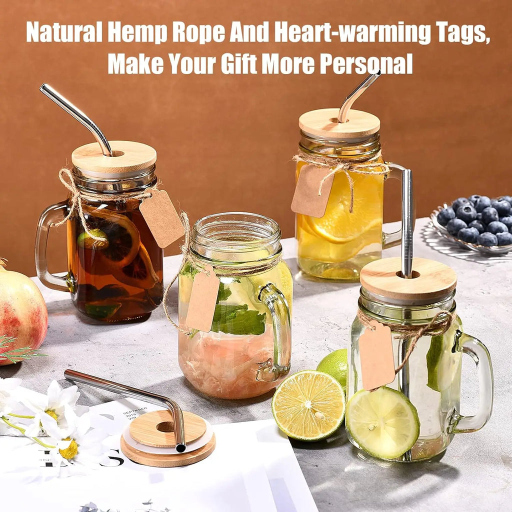 12 Mason Jar Drinking Glasses - 16 oz with Handle, Lids & Straws