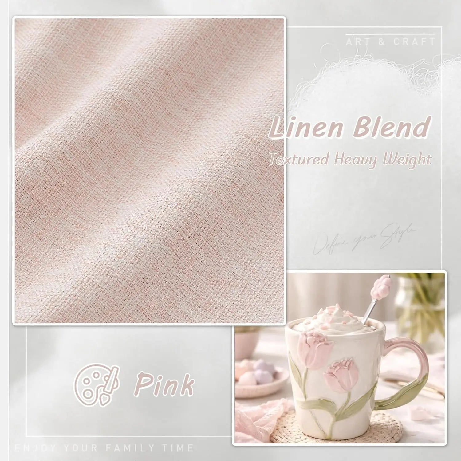 100% Blackout Curtains for Living Room - Darkening Rod Pocket - Pink Linen - 48 Inch Long 2 Panels