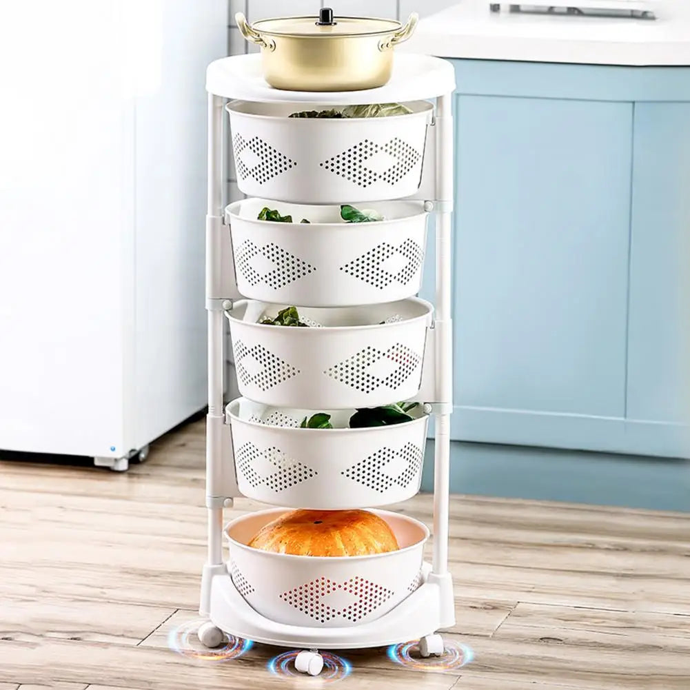 Kitchen Storage Rack with 5 Tier Circular Rotating Basket for Fruits &amp; Vegetables with 360 Degree Wheels