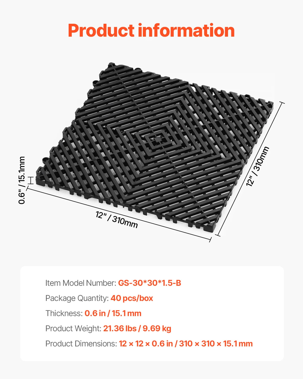 Interlocking Drainage Mat 12"x12" 12/24/40/50/55 Piece Packages