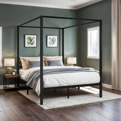 4-Poster Canopy Bed Frame with 3-Metal Crossbars - No Box Spring Needed