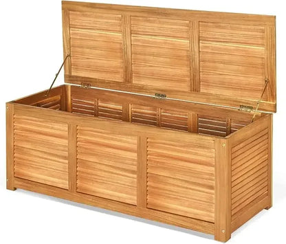 Acacia wood outdoor storage bench with 46 gallon capacity for patio furniture cushions and garden accessories"