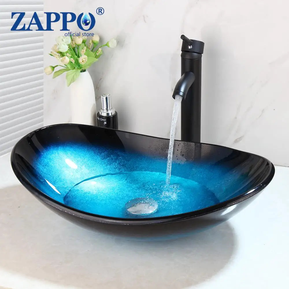 Tempered Glass Bathroom Sink with Waterfall & Black Faucet