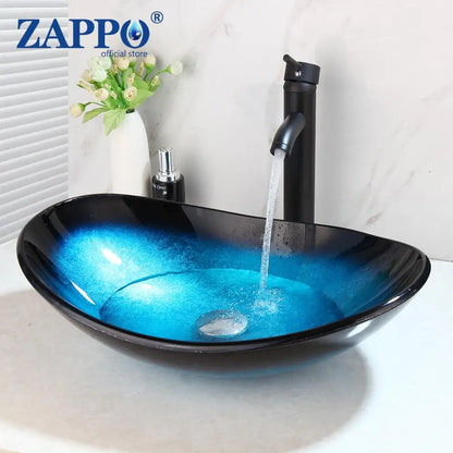 Tempered Glass Bathroom Sink with Waterfall &amp; Black Faucet