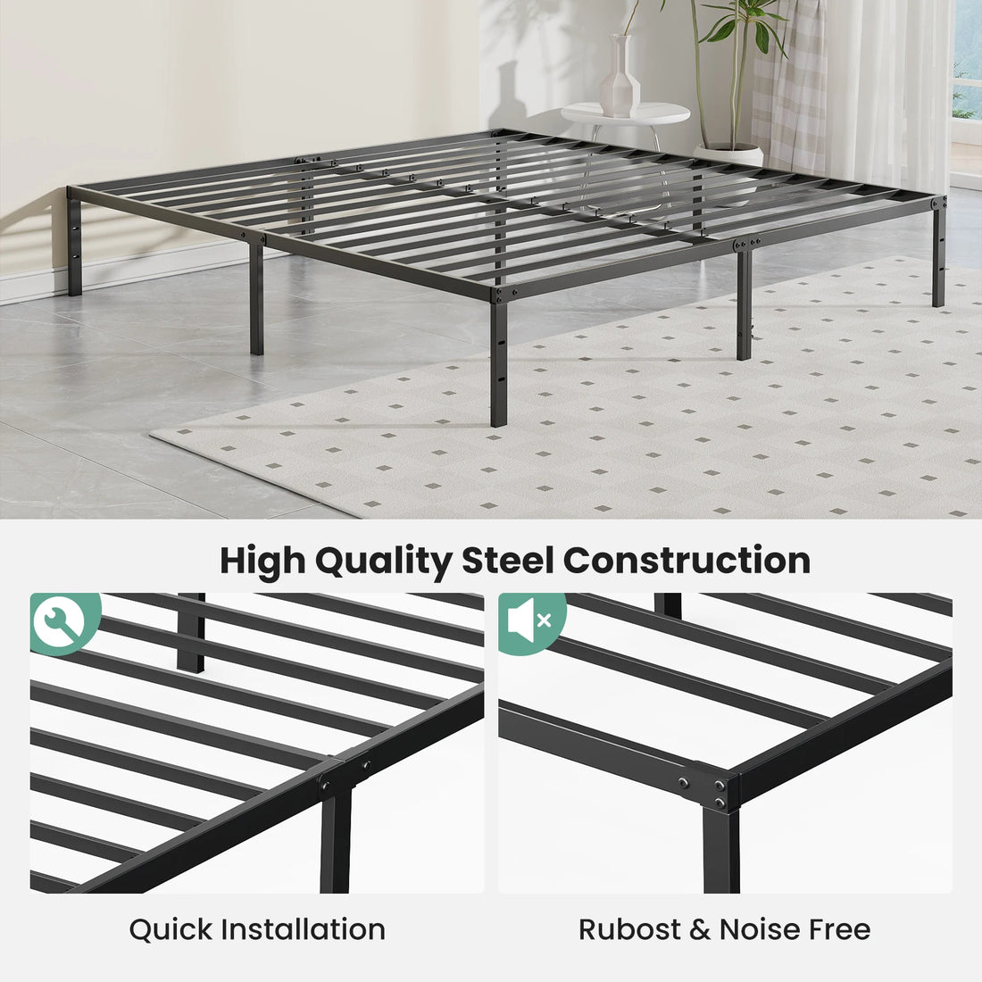 Sturdy Steel Heavy Duty Platform Bed Frame with 16" Storage Space - All Sizes