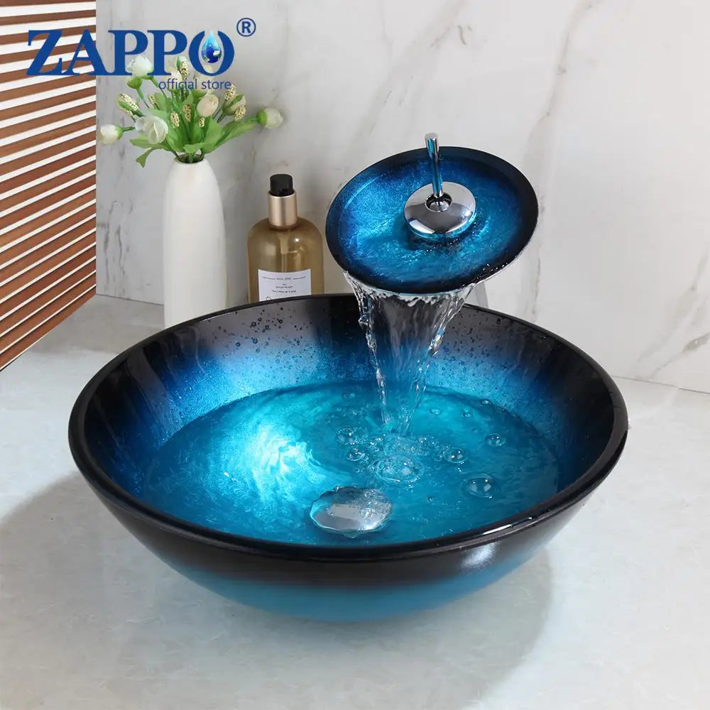 Tempered Glass Bathroom Sink with Waterfall & Black Faucet
