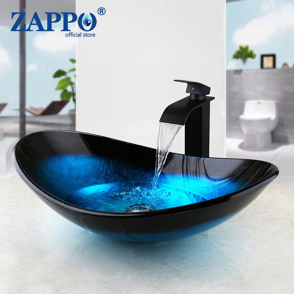 Tempered Glass Bathroom Sink with Waterfall & Black Faucet