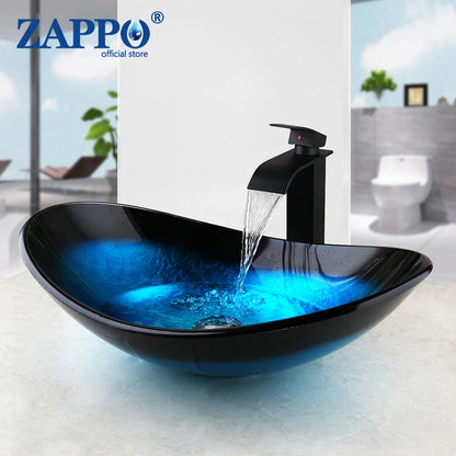 Tempered Glass Bathroom Sink with Waterfall &amp; Black Faucet