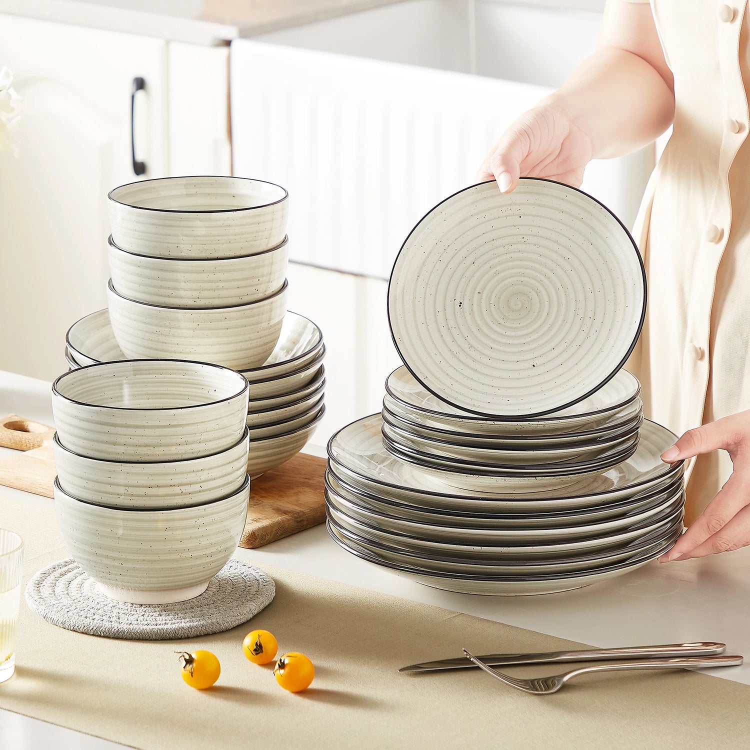 24 or 48 Piece Hand-painted Beige Ceramic Dinnerware Sets