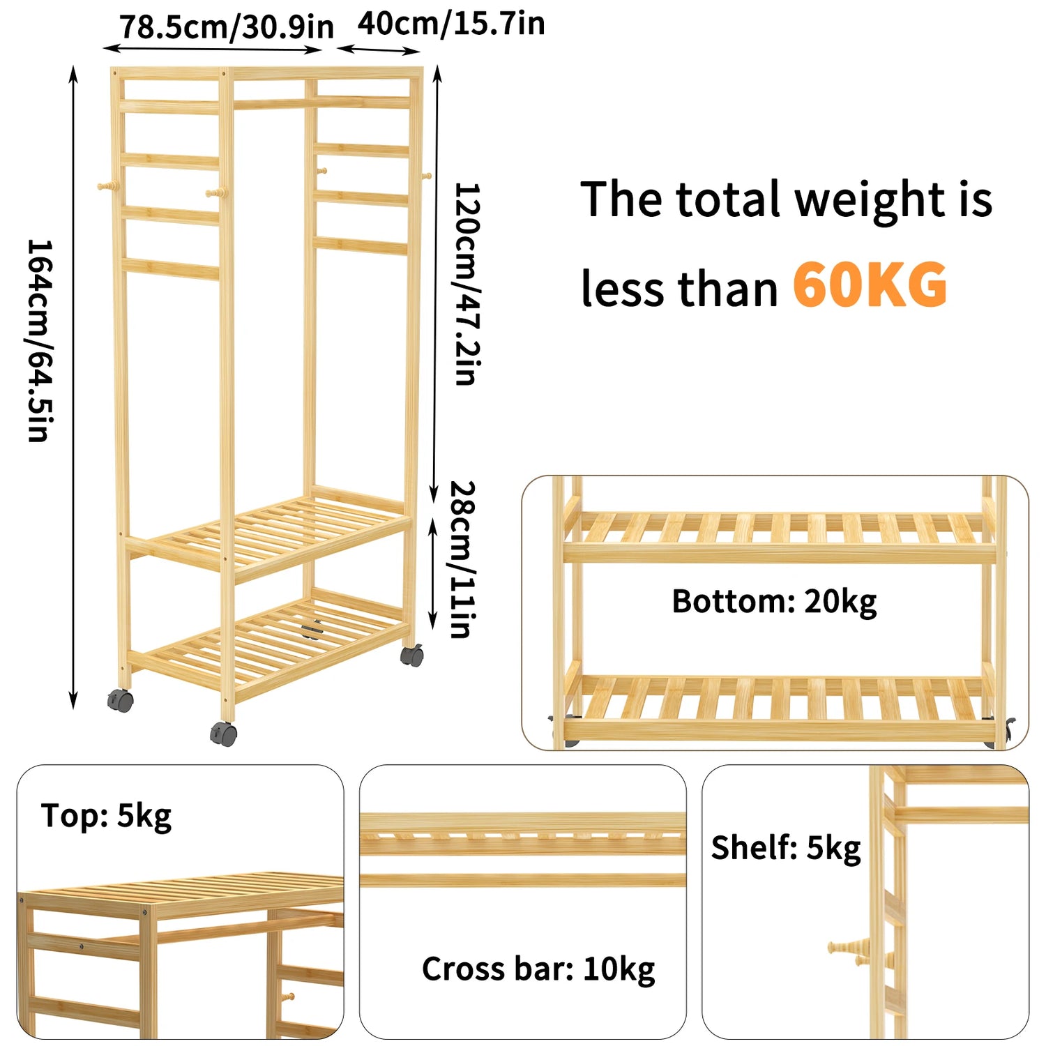Heavy Duty Wooden Clothes Rail Rack Scarf Cap Garment Hanging Stand Side Hooks Corner Open Wardrobe