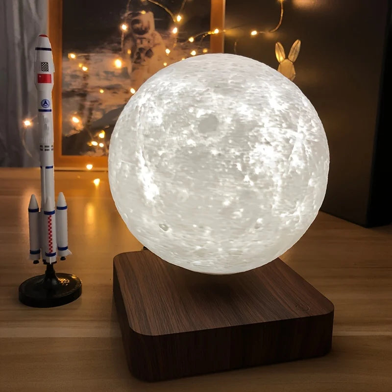 Magnetic Floating Rotating Moon Lamp with Wooden Base - 3 Color LED Night Light