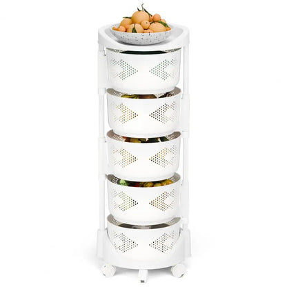 Kitchen Storage Rack with 5 Tier Circular Rotating Basket for Fruits &amp; Vegetables with 360 Degree Wheels