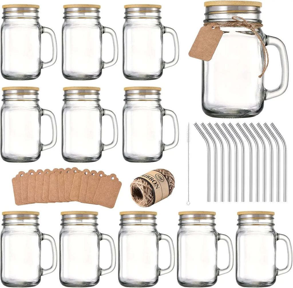 12 Mason Jar Drinking Glasses - 16 oz with Handle, Lids & Straws