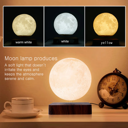 Magnetic Floating Rotating Moon Lamp with Wooden Base - 3 Color LED Night Light