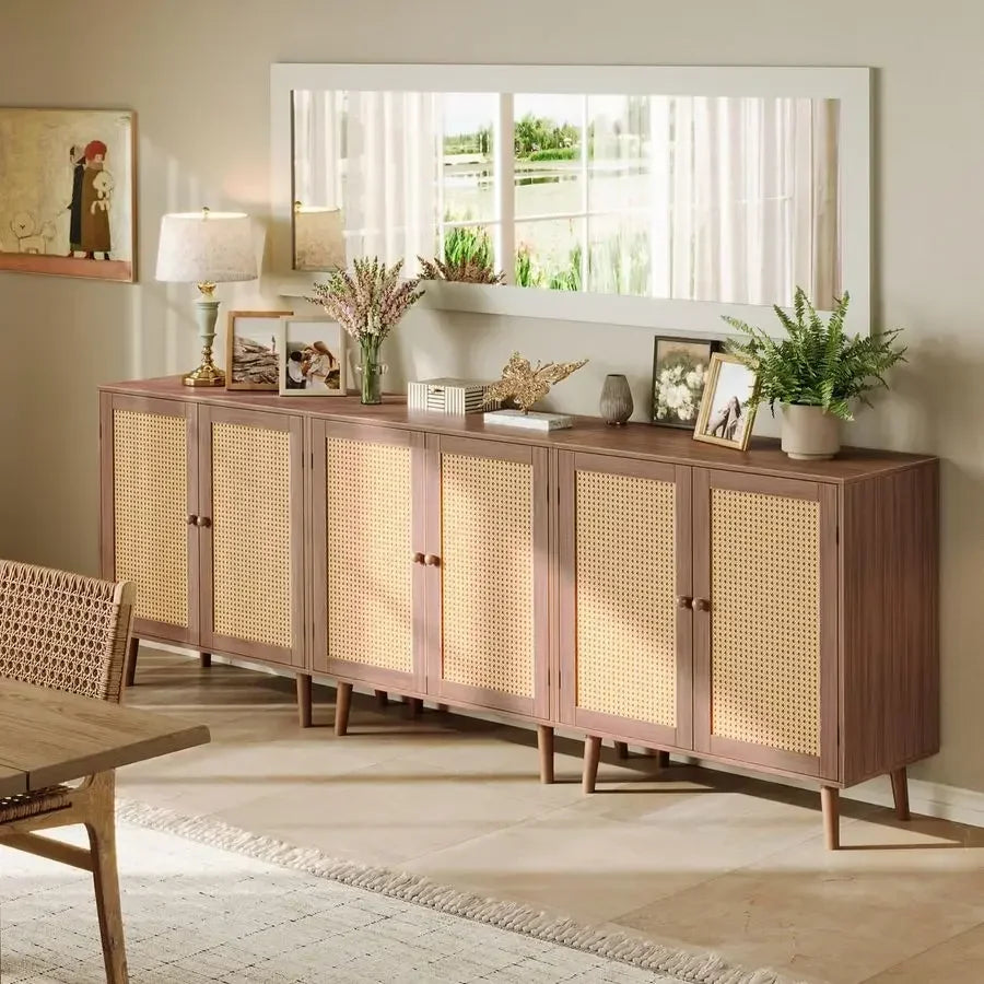 Buffet Cabinet with Storage, Rattan Decor Doors, Accent with Solid Wood Feet, Sideboard for Hall