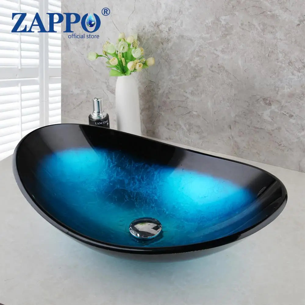 Tempered Glass Bathroom Sink with Waterfall & Black Faucet