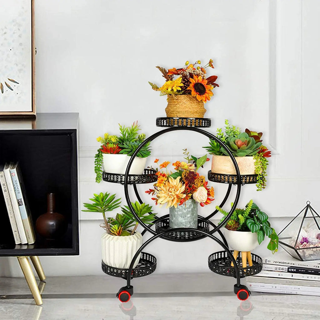 6-Pot Metal Plant Stand with Wheels Indoor/Outdoor