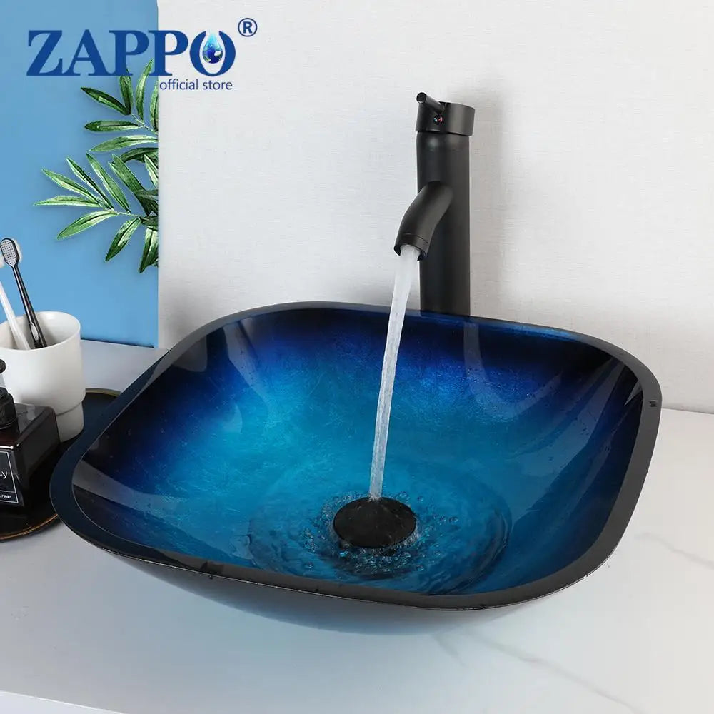 Tempered Glass Bathroom Sink with Waterfall & Black Faucet