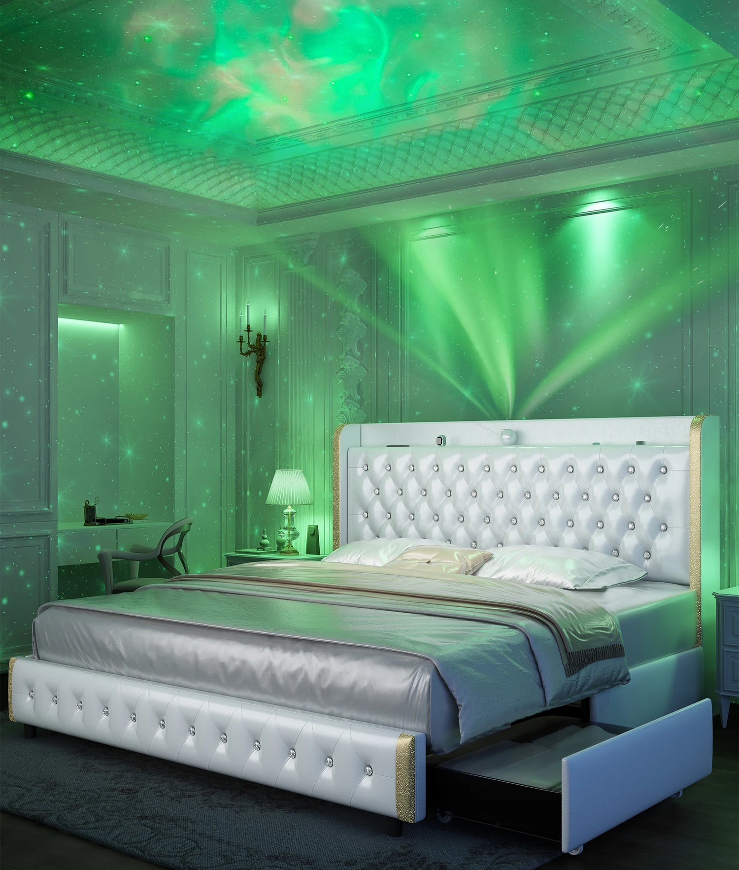 Bed Frame with Headboard, Galaxy Projector, Bluetooth Speaker, USB Ports, 4 Drawers - No Box Spring Needed - 3 Sizes Available