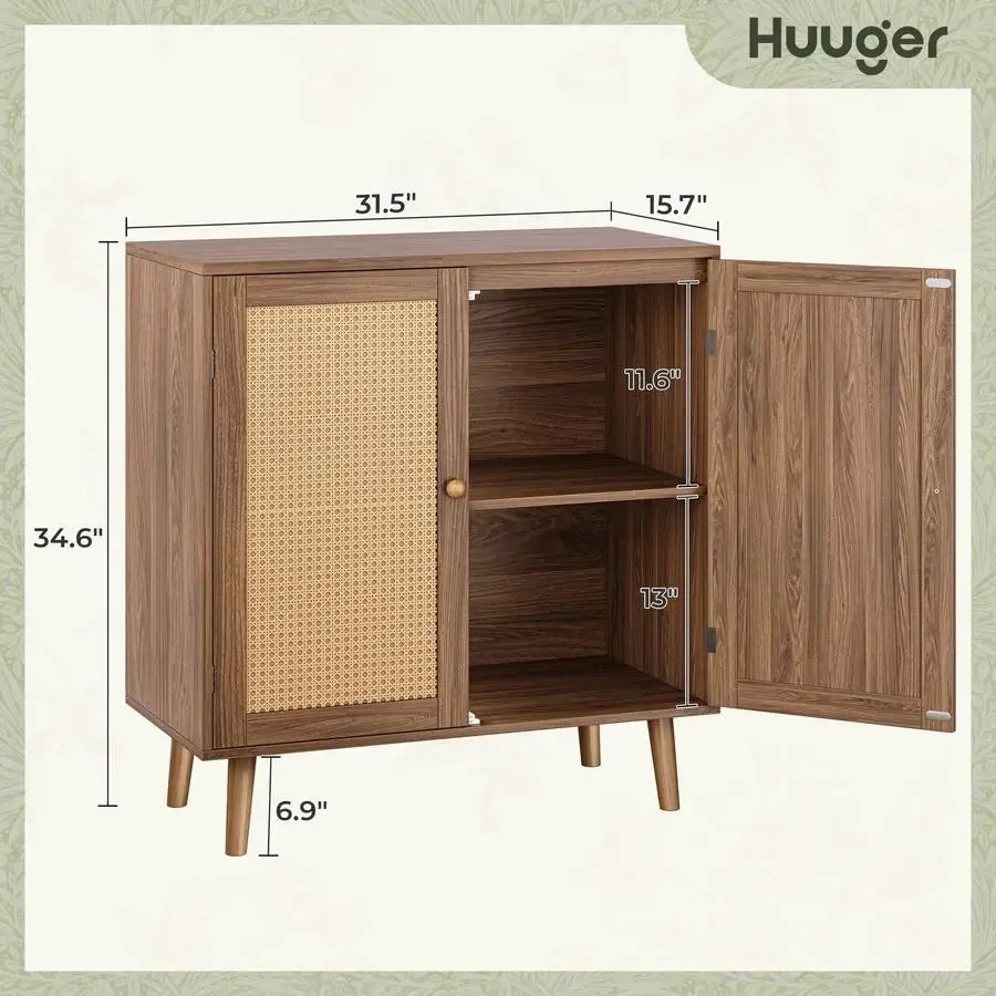 Buffet Cabinet with Storage, Rattan Decor Doors, Accent with Solid Wood Feet, Sideboard for Hall