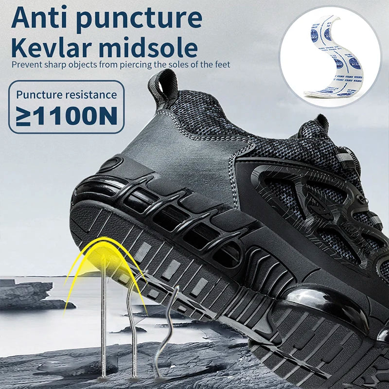 Stab-Proof Work Shoes with Elastic Buttons and Lace-Up