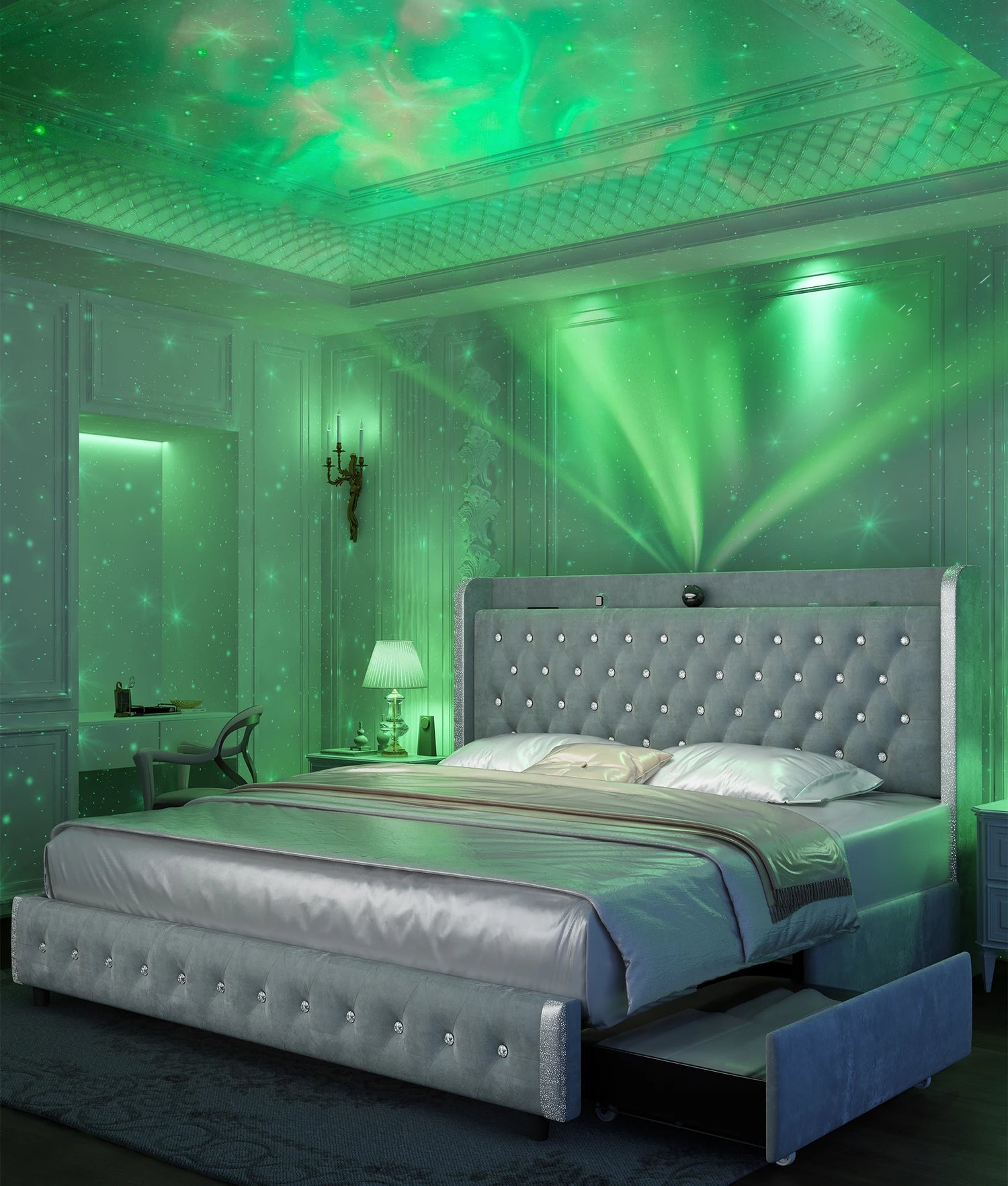 Bed Frame with Headboard, Galaxy Projector, Bluetooth Speaker, USB Ports, 4 Drawers - No Box Spring Needed - 3 Sizes Available
