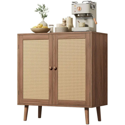 Buffet Cabinet with Storage, Rattan Decor Doors, Accent with Solid Wood Feet, Sideboard for Hall