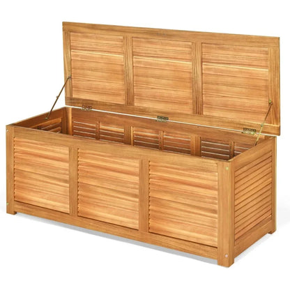 Acacia wood outdoor storage bench with 46 gallon capacity for patio furniture cushions and garden accessories"