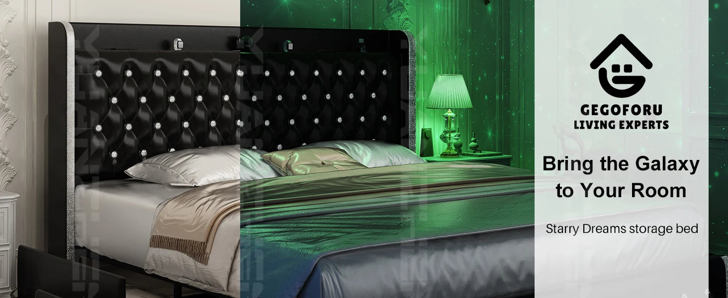 Bed Frame with Headboard, Galaxy Projector, Bluetooth Speaker, USB Ports, 4 Drawers - No Box Spring Needed - 3 Sizes Available