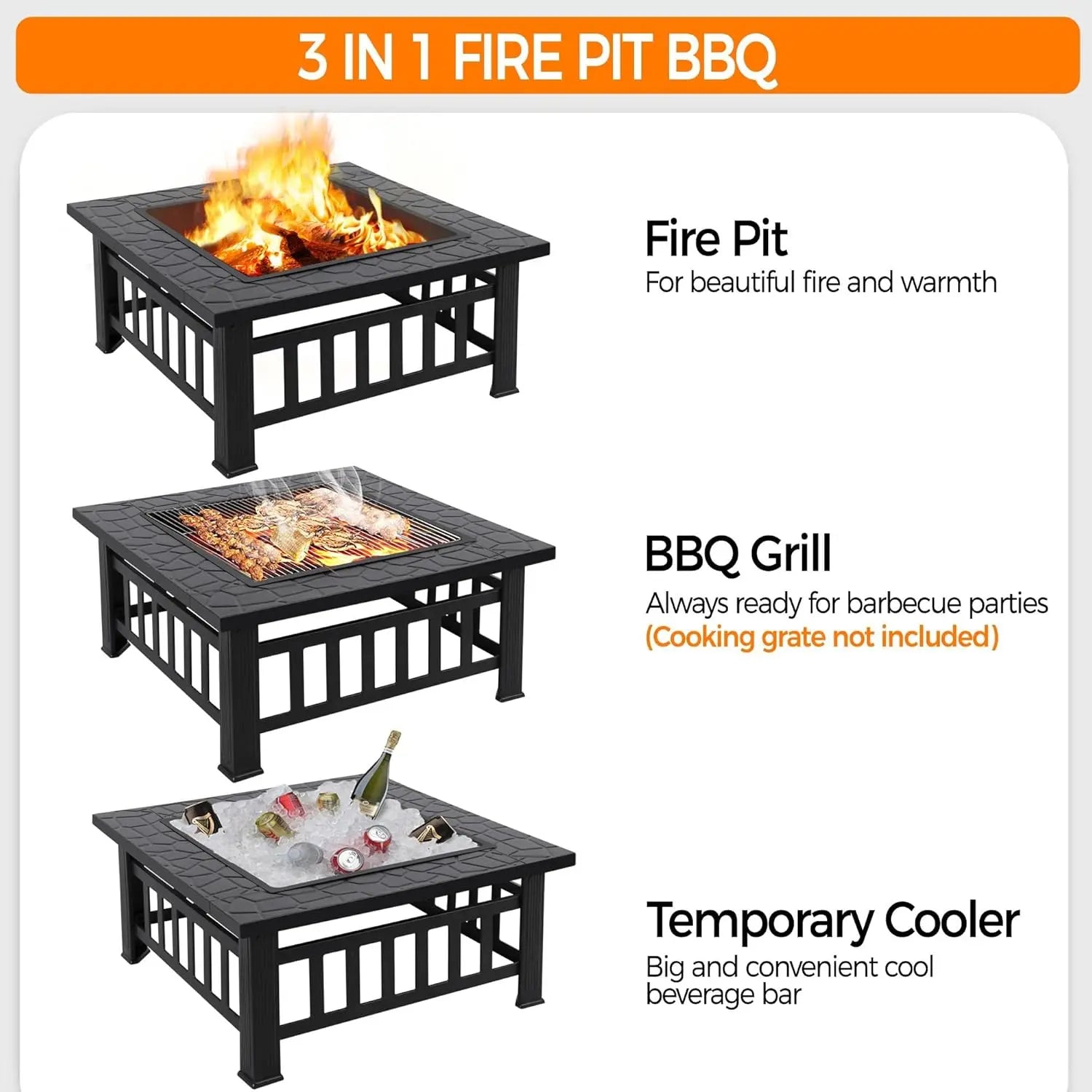 32" Square Multi-functional Metal Firepit/Cooler Table