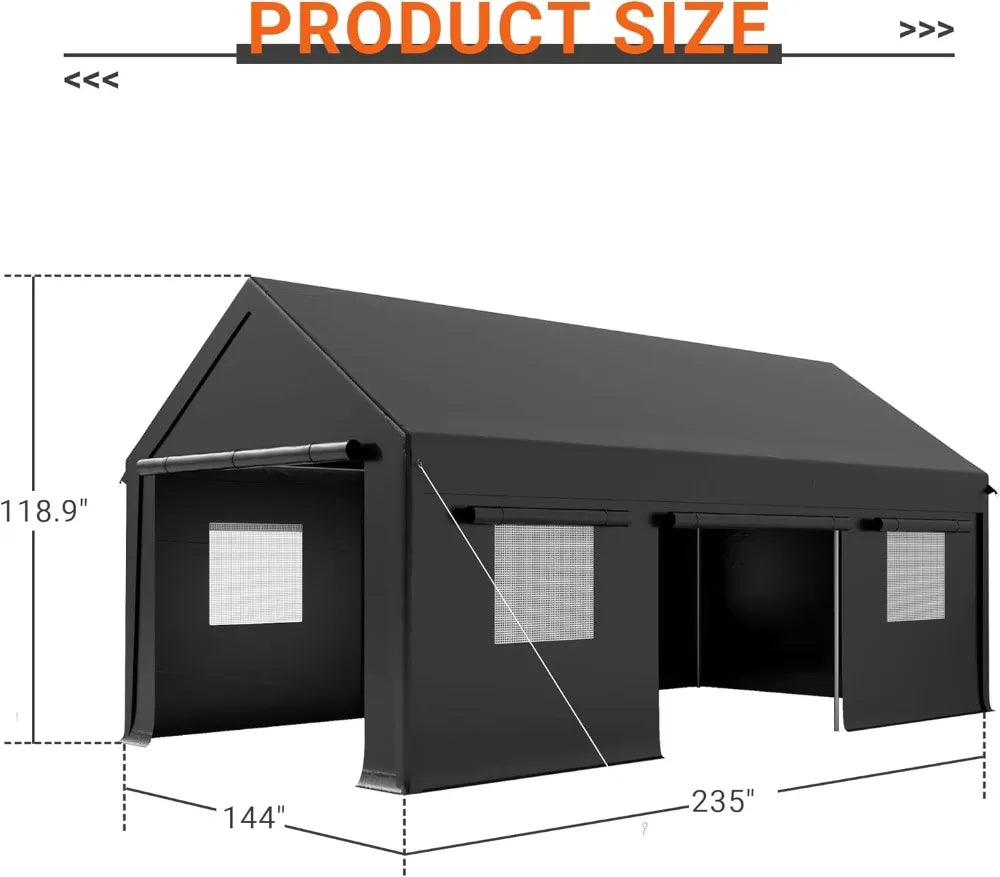 12' x 20' Heavy Duty Carport, Portable Garage with Roll-Up Windows & Side Door for Car, Truck, Boat
