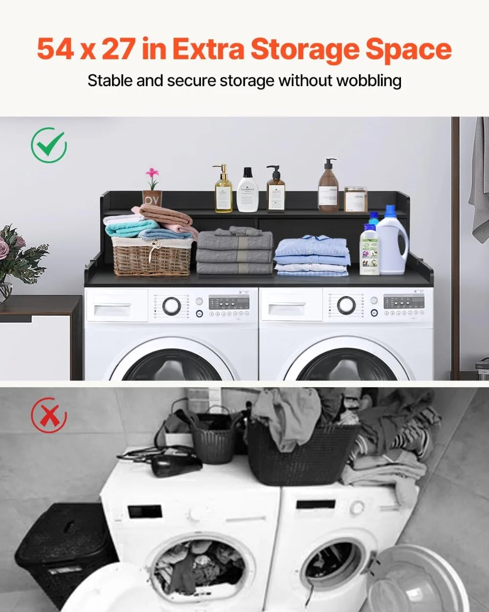 2-Drawer 54" x 27" Wooden Laundry Countertop with Shelf