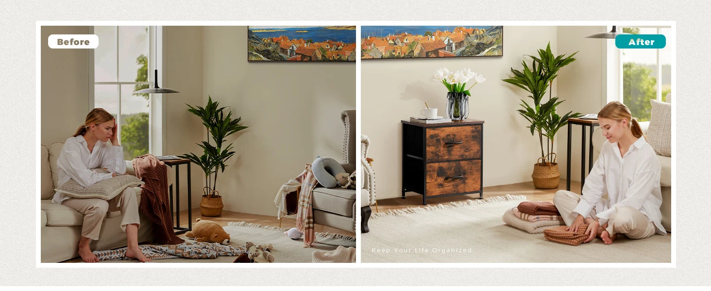 Bedside Nightstand Table with 2 Fabric Drawers