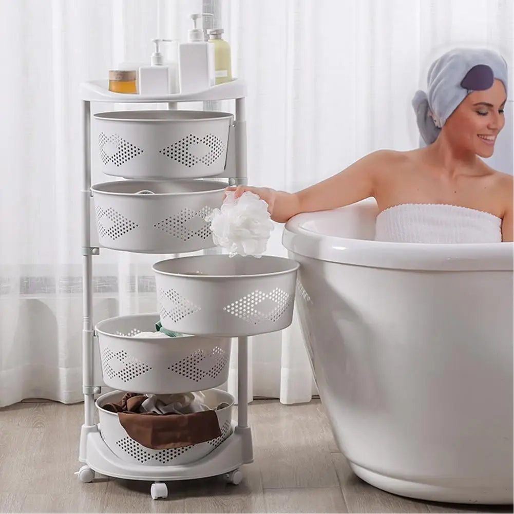 Kitchen Storage Rack with 5 Tier Circular Rotating Basket for Fruits &amp; Vegetables with 360 Degree Wheels