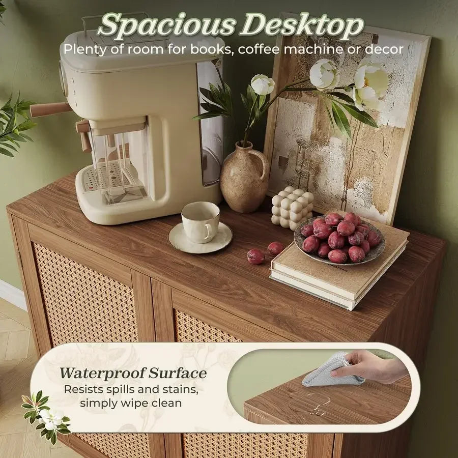 Buffet Cabinet with Storage, Rattan Decor Doors, Accent with Solid Wood Feet, Sideboard for Hall