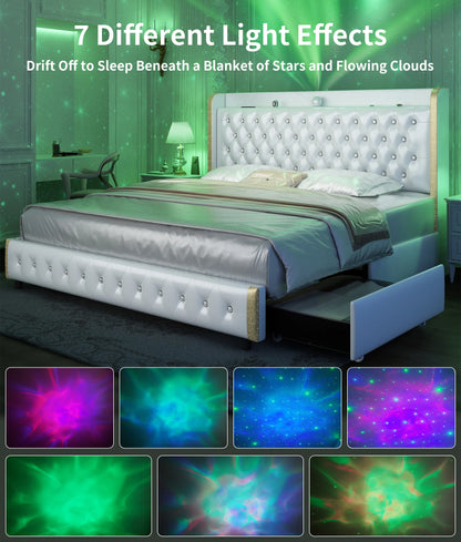 Bed Frame with Headboard, Galaxy Projector, Bluetooth Speaker, USB Ports, 4 Drawers - No Box Spring Needed - 3 Sizes Available