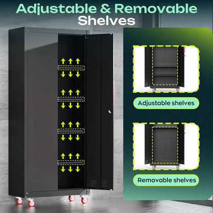 71" Tall Rolling Metal Storage Cabinet with Locking Doors, 4 Adjustable Shelves, 1000lb Capacity for Garage/Home/Office