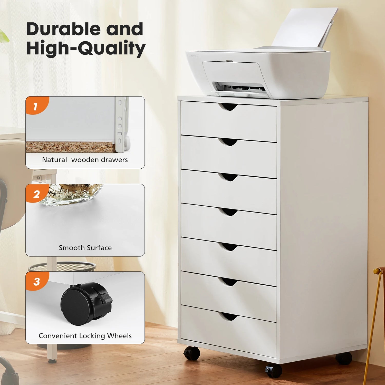 7 Drawer Wooden Dresser or Office Mobile Cabinet with Wheels