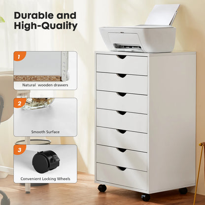 7 Drawer Wooden Dresser or Office Mobile Cabinet with Wheels