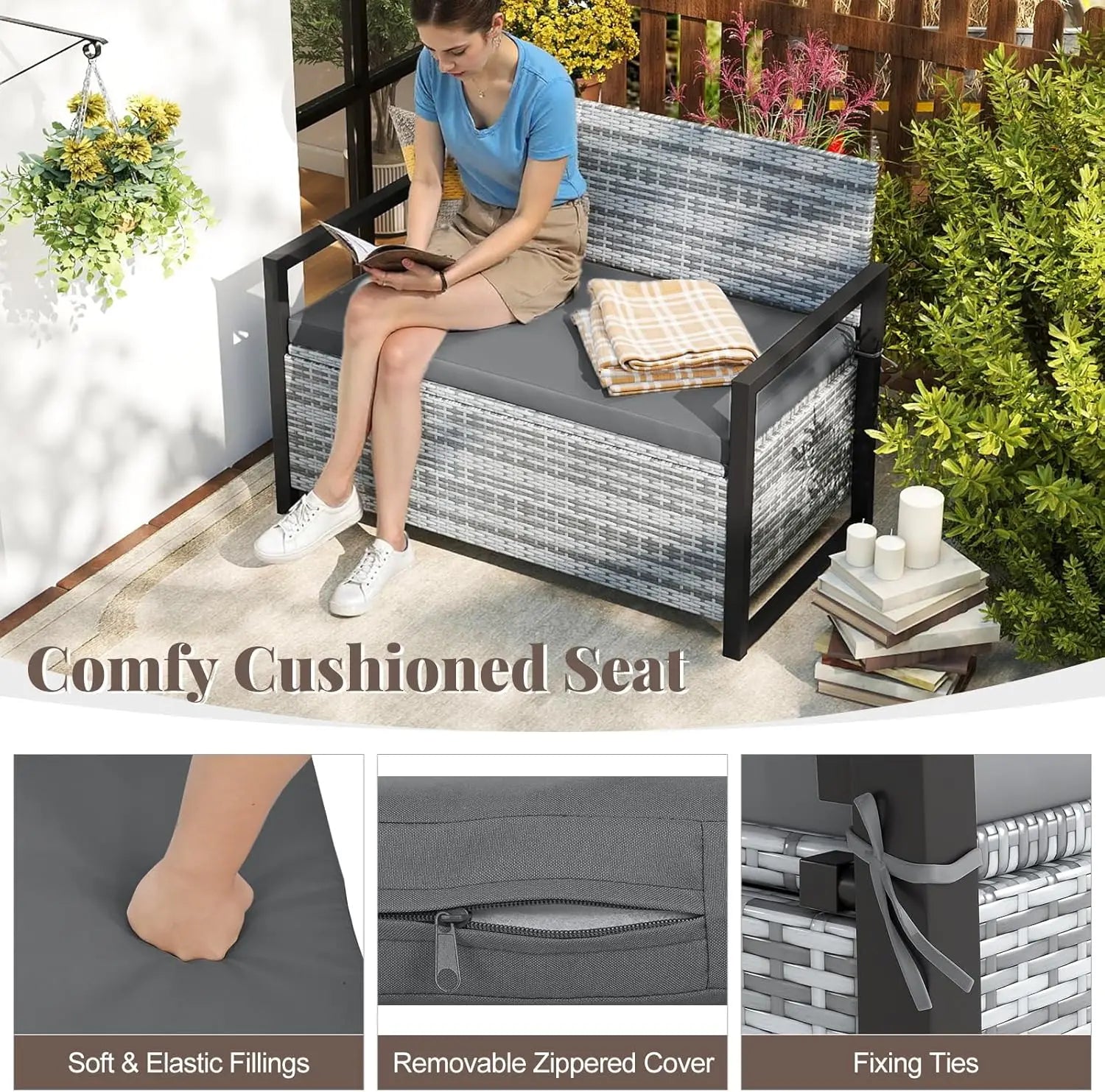 40 Gallon Outdoor Patio Wicker Bench with Storage, Cushion, Cover &amp; Metal Frame