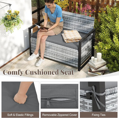 40 Gallon Outdoor Patio Wicker Bench with Storage, Cushion, Cover &amp; Metal Frame