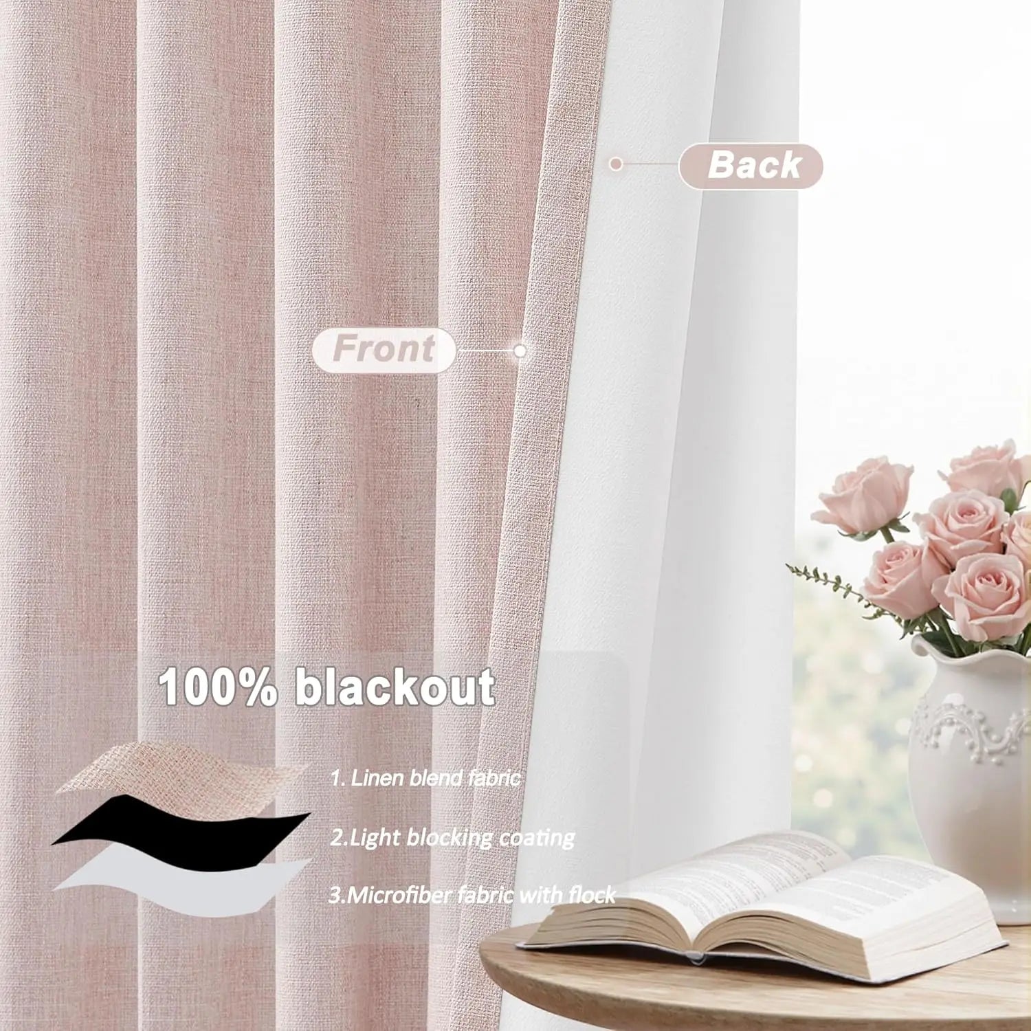 100% Blackout Curtains for Living Room - Darkening Rod Pocket - Pink Linen - 48 Inch Long 2 Panels