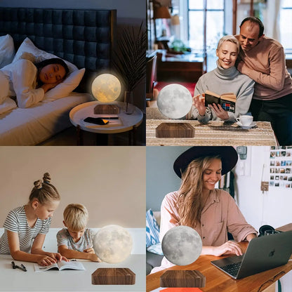 Magnetic Floating Rotating Moon Lamp with Wooden Base - 3 Color LED Night Light